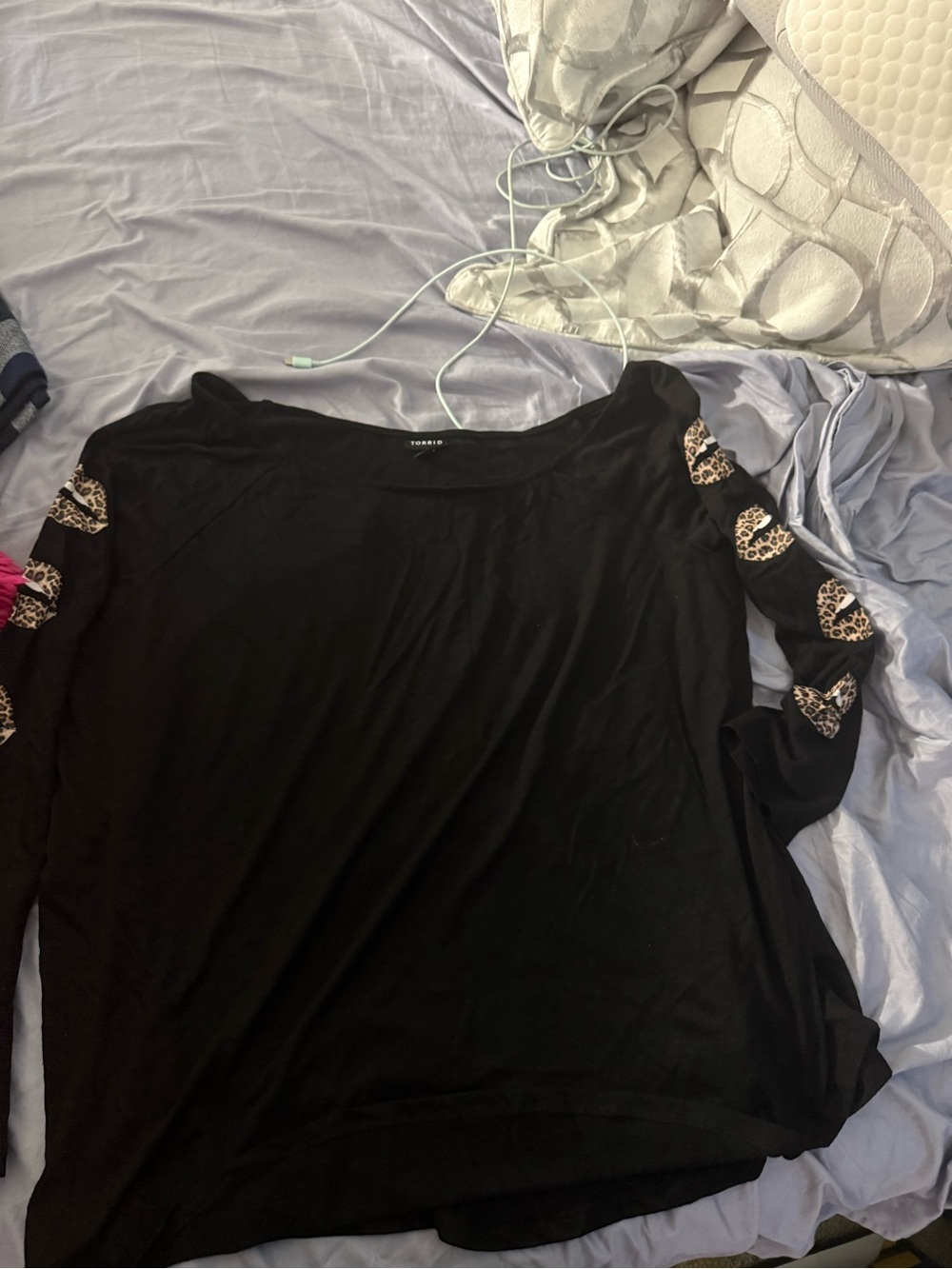 torrid Black Long-Sleeve Top with Leopard Cutout Sleeve Accents